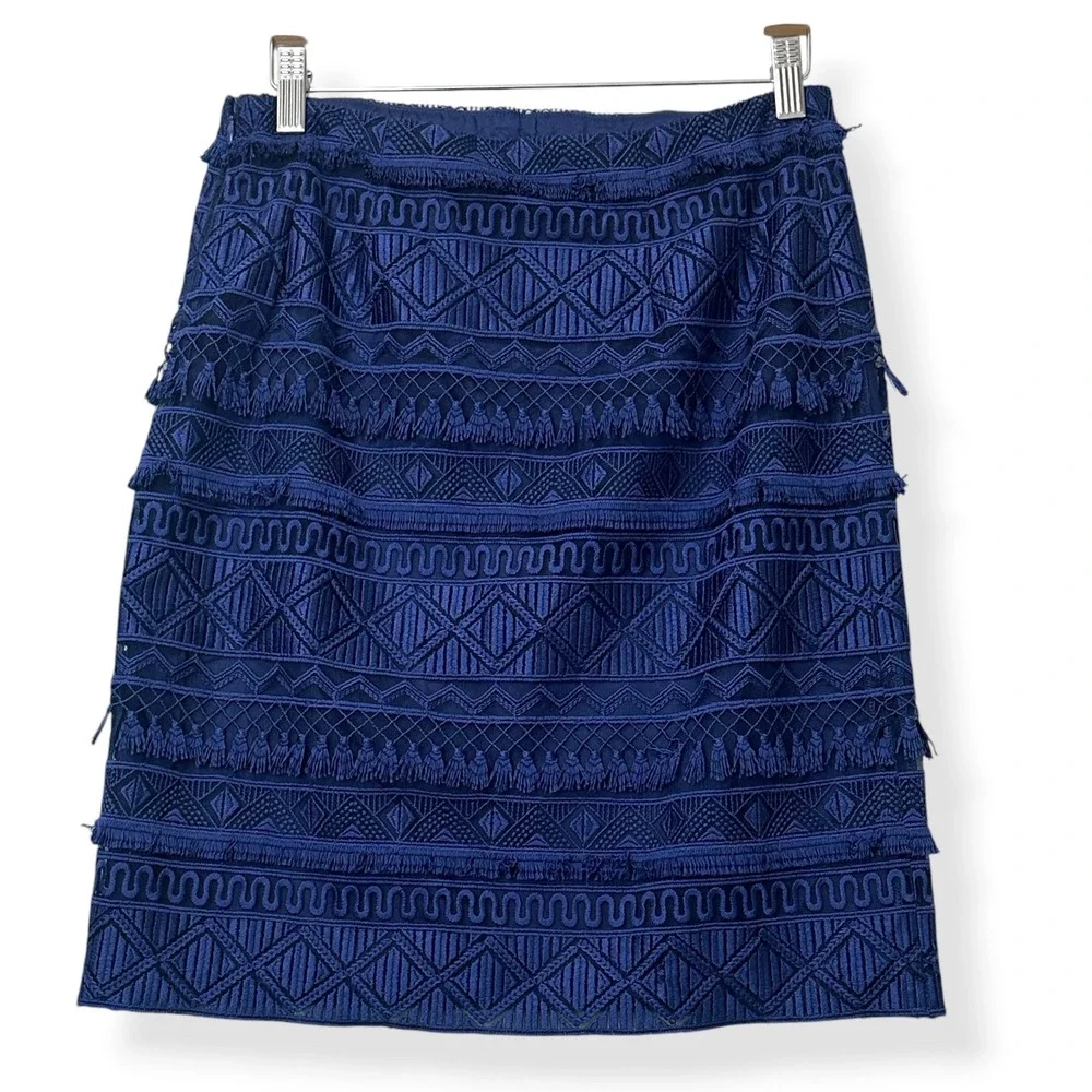 J.McLaughlin Pencil Skirt Blue‎ Embroidered Boho Preppy Luxe Coastal Womens 4